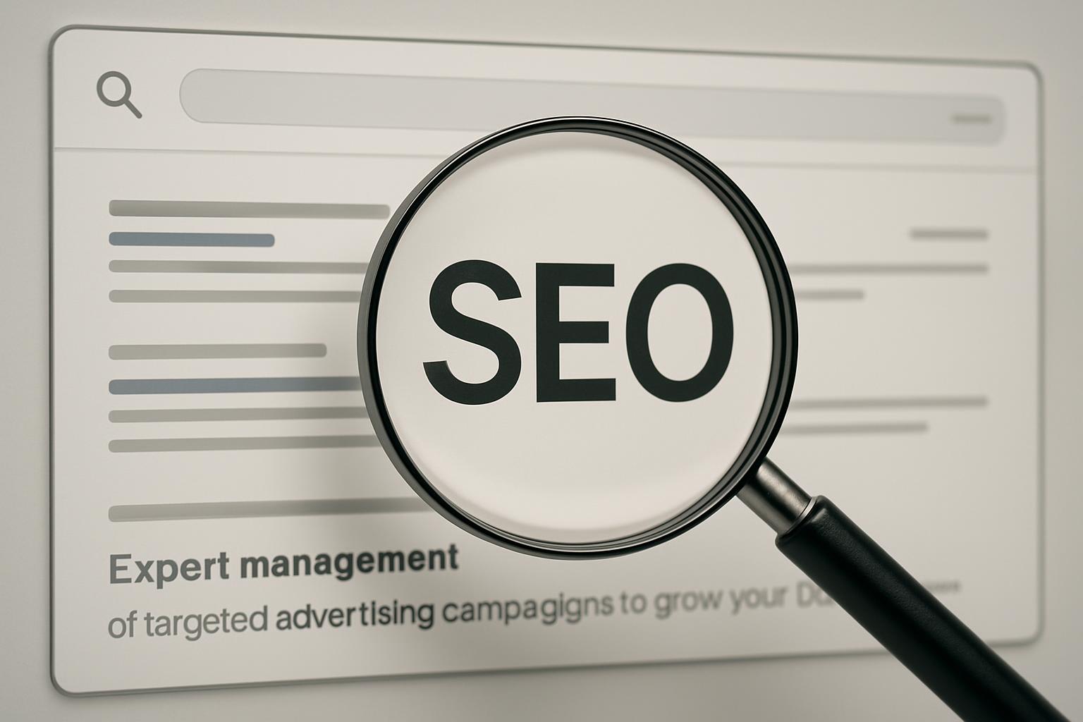 A magnifying glass with the letters 'SEO' in it, placed in front of a browser window with the words "Expert management of ...