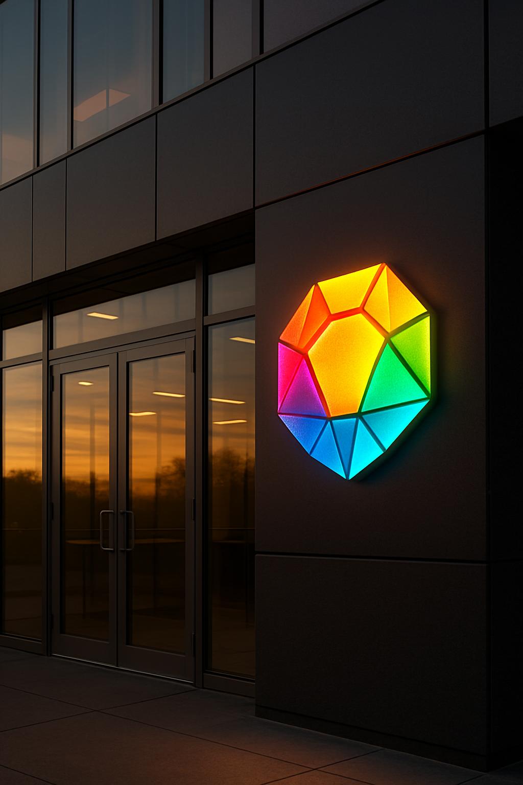An office building with a large, colorful geometric light on the black exterior wall, glowing with a variety of colors inc...